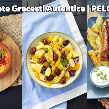 Prezentare 3 retete grecesti: Torikafteri, aperitiv din branza feta si ardei copt mixate impreuna, Salata Mani cu cartofi, portocale si masline Kalamata, Carnati cu portocale gatiti la cuptor, cu cartofi in stil grecesc